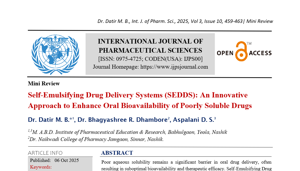 Self-Emulsifying Drug Delivery Systems (SEDDS): An Innovative Approach to Enhance Oral Bioavailability of Poorly Soluble Drugs
