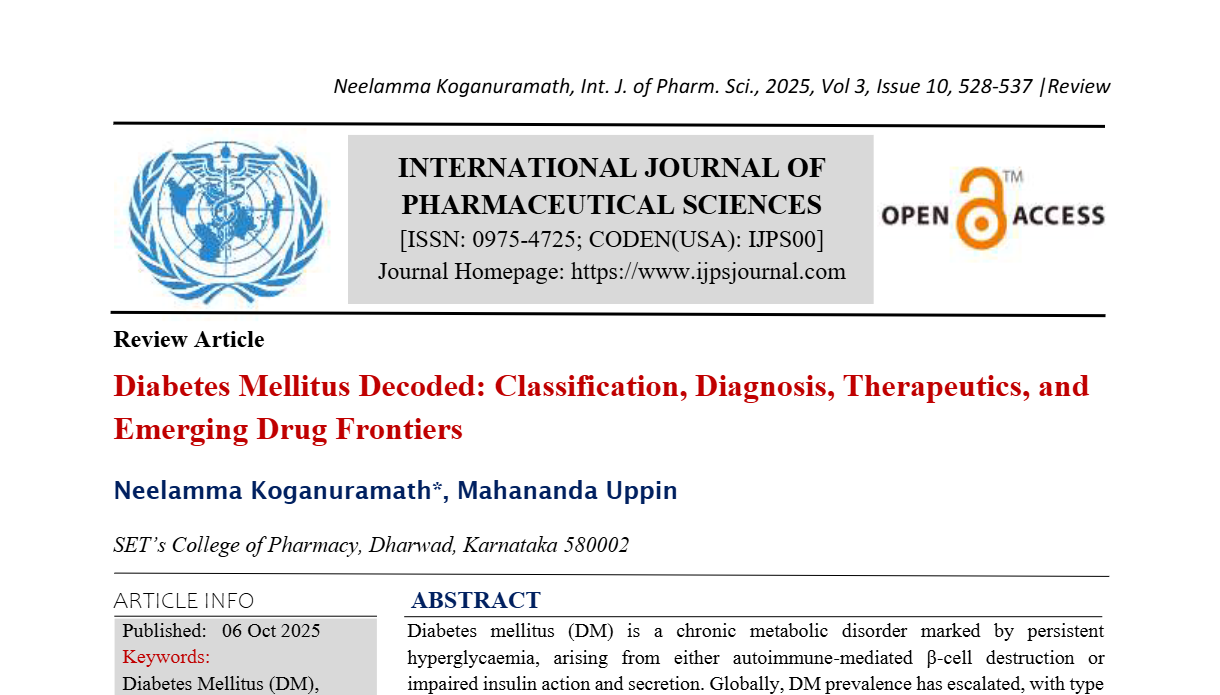 Diabetes Mellitus Decoded: Classification, Diagnosis, Therapeutics, and Emerging Drug Frontiers
