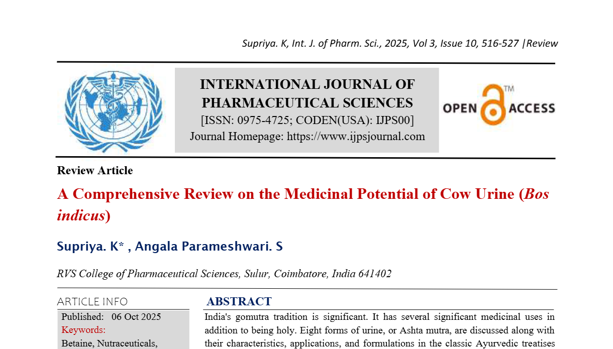A Comprehensive Review on the Medicinal Potential of Cow Urine (Bos indicus)