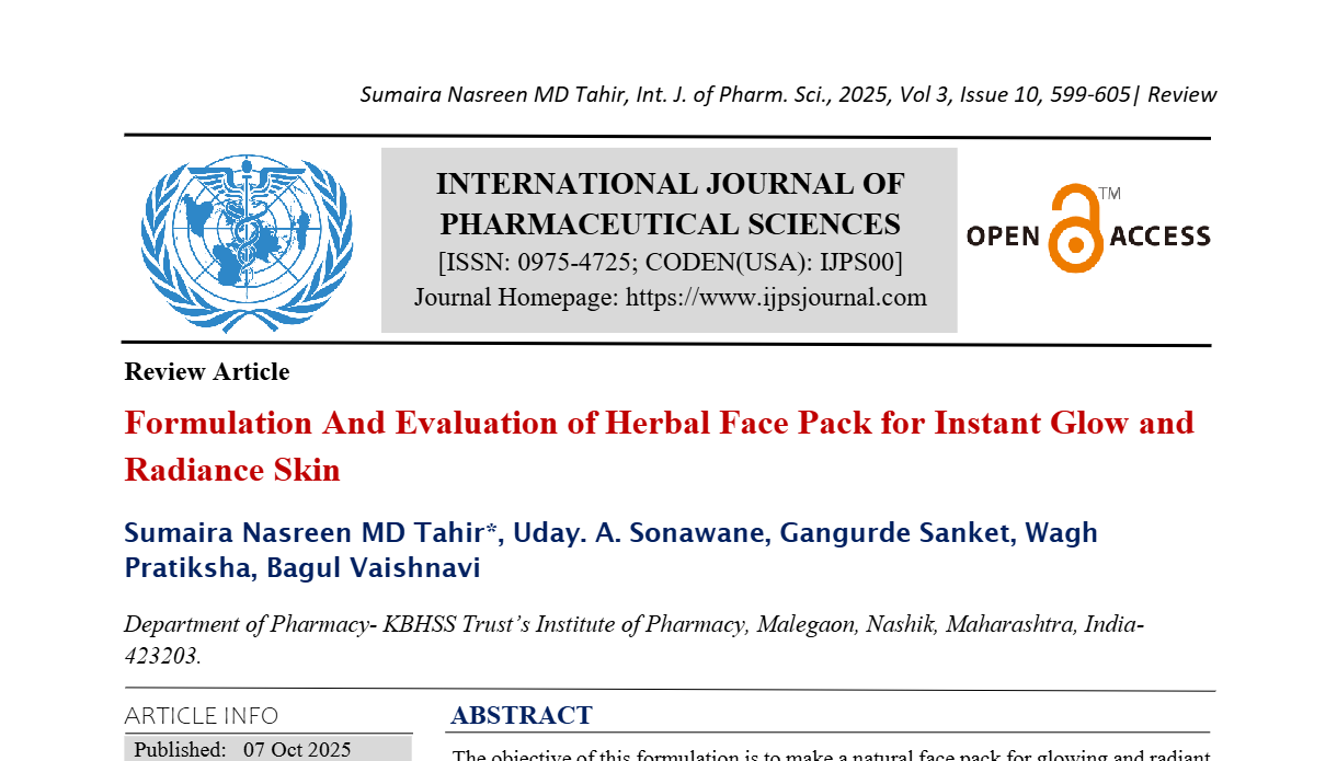 Formulation And Evaluation of Herbal Face Pack for Instant Glow and Radiance Skin