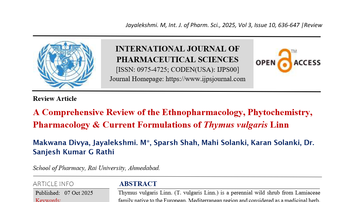 A Comprehensive Review of the Ethnopharmacology, Phytochemistry, Pharmacology & Current Formulations of Thymus vulgaris Linn