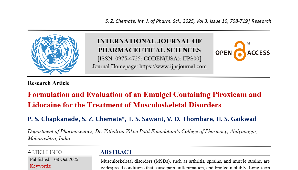 Formulation and Evaluation of an Emulgel Containing Piroxicam and Lidocaine for the Treatment of Musculoskeletal Disorders