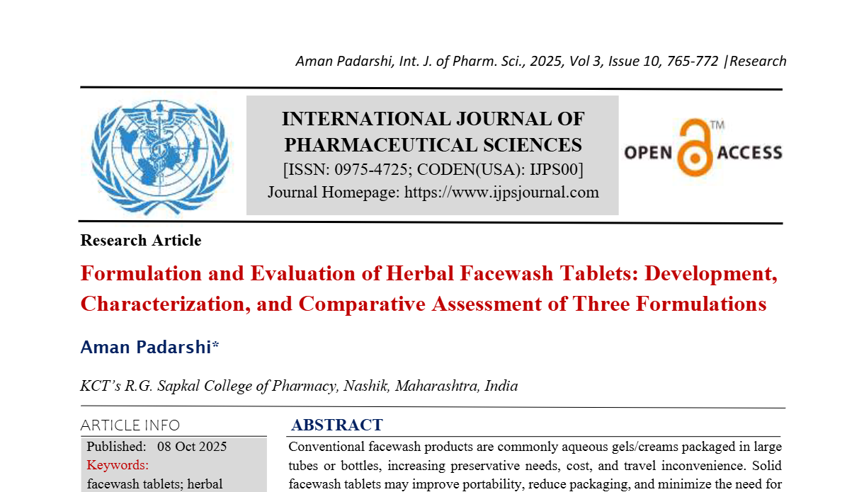 Formulation and Evaluation of Herbal Facewash Tablets: Development, Characterization, and Comparative Assessment of Three Formulations