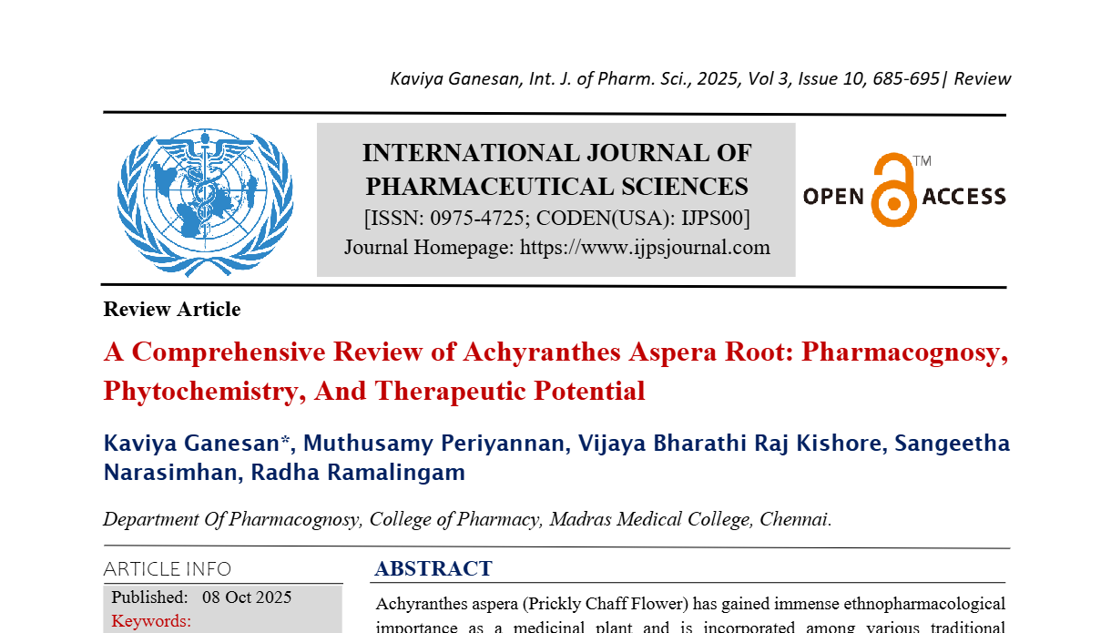 A Comprehensive Review of Achyranthes Aspera Root: Pharmacognosy, Phytochemistry, And Therapeutic Potential