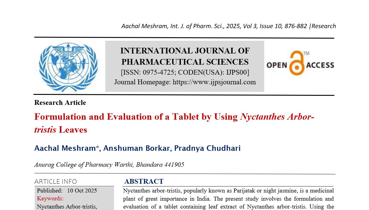 Formulation and Evaluation of a Tablet by Using Nyctanthes Arbor-tristis Leaves
