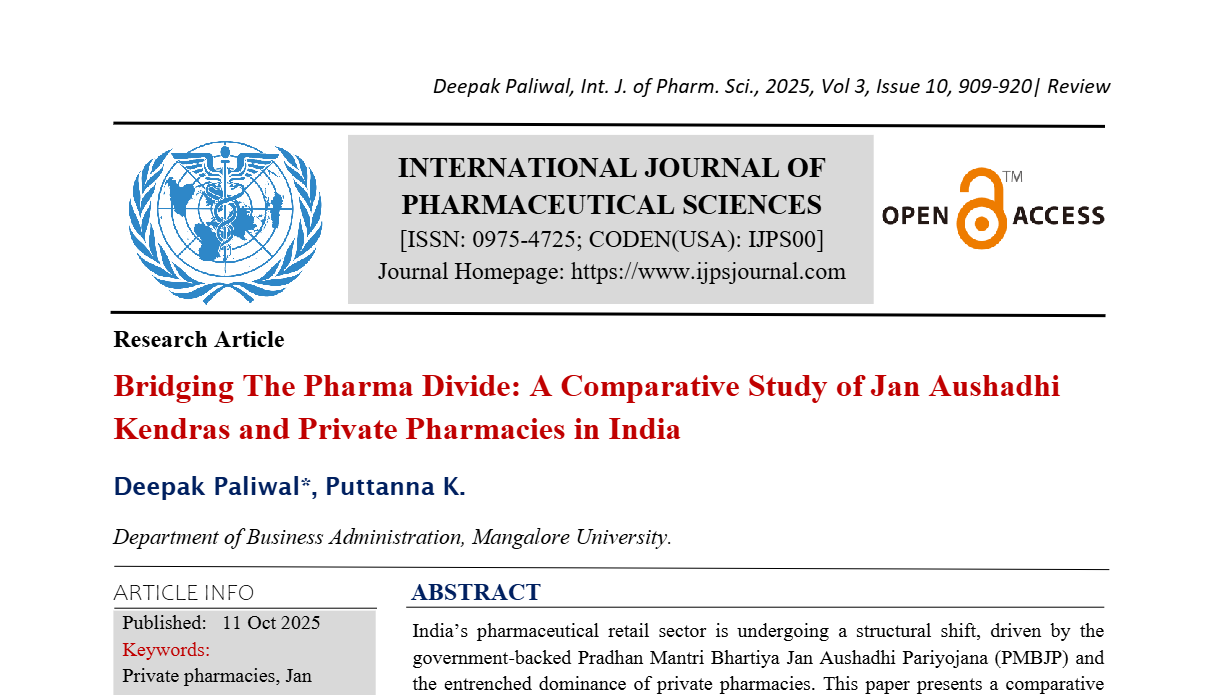 Bridging The Pharma Divide: A Comparative Study of Jan Aushadhi Kendras and Private Pharmacies in India