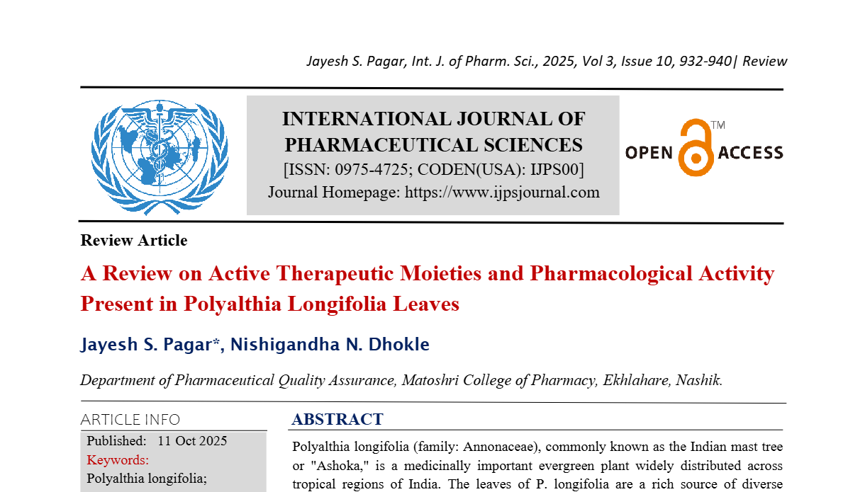 A Review on Active Therapeutic Moieties and Pharmacological Activity Present in Polyalthia Longifolia Leaves