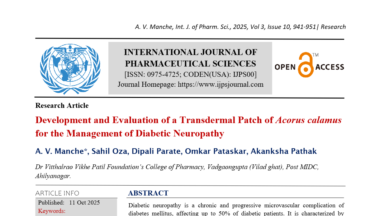 Development and Evaluation of a Transdermal Patch of Acorus calamus for the Management of Diabetic Neuropathy