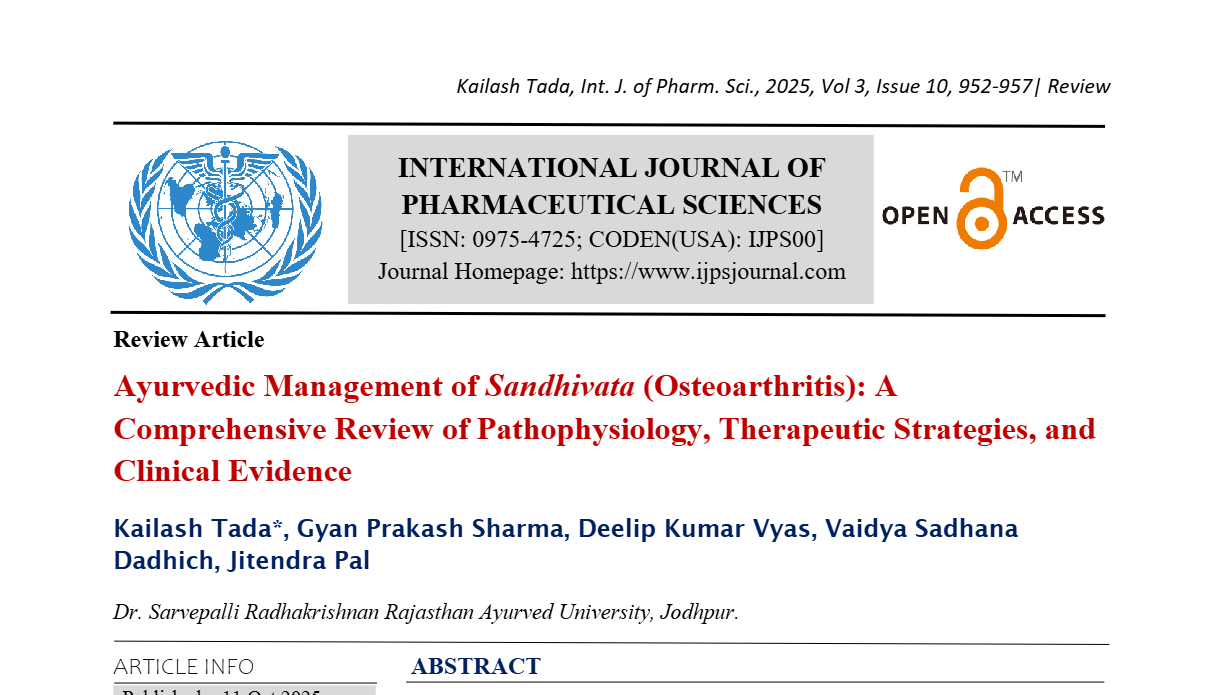Ayurvedic Management of Sandhivata (Osteoarthritis): A Comprehensive Review of Pathophysiology, Therapeutic Strategies, and Clinical Evidence