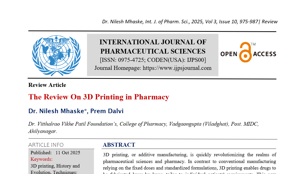 The Review On 3D Printing in Pharmacy