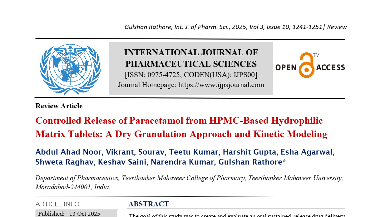 Controlled Release of Paracetamol from HPMC-Based Hydrophilic Matrix Tablets: A Dry Granulation Approach and Kinetic Modeling