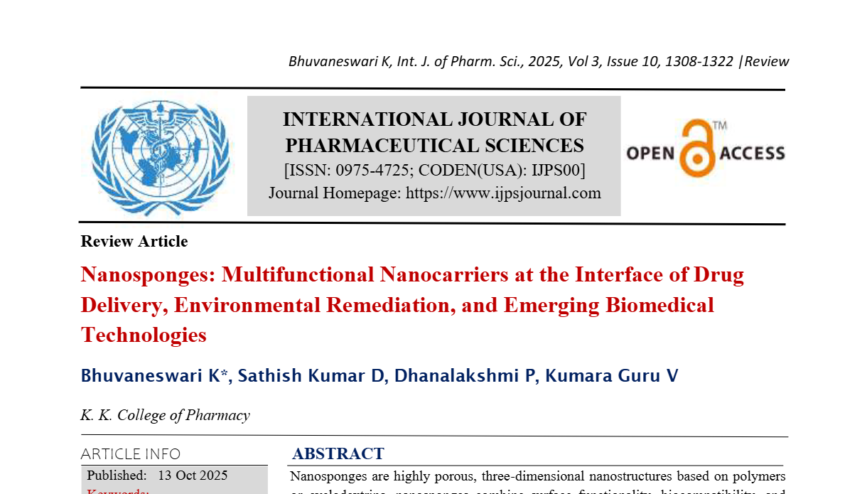Nanosponges: Multifunctional Nanocarriers at the Interface of Drug Delivery, Environmental Remediation, and Emerging Biomedical Technologies