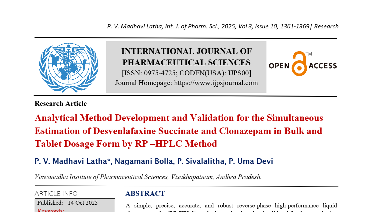 Analytical Method Development and Validation for the Simultaneous Estimation of Desvenlafaxine Succinate and Clonazepam in Bulk and Tablet Dosage Form by RP –HPLC Method
