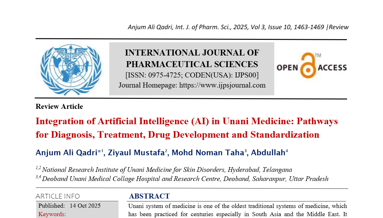 Integration of Artificial Intelligence (AI) in Unani Medicine: Pathways for Diagnosis, Treatment, Drug Development and Standardization