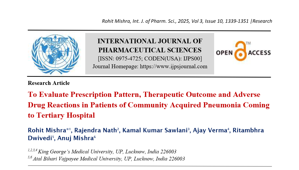 To Evaluate Prescription Pattern, Therapeutic Outcome and Adverse Drug Reactions in Patients of Community Acquired Pneumonia Coming to Tertiary Hospital