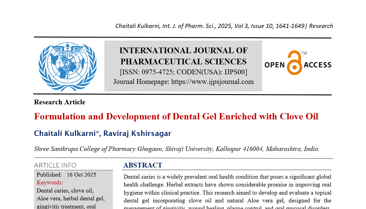 Formulation and Development of Dental Gel Enriched with Clove Oil