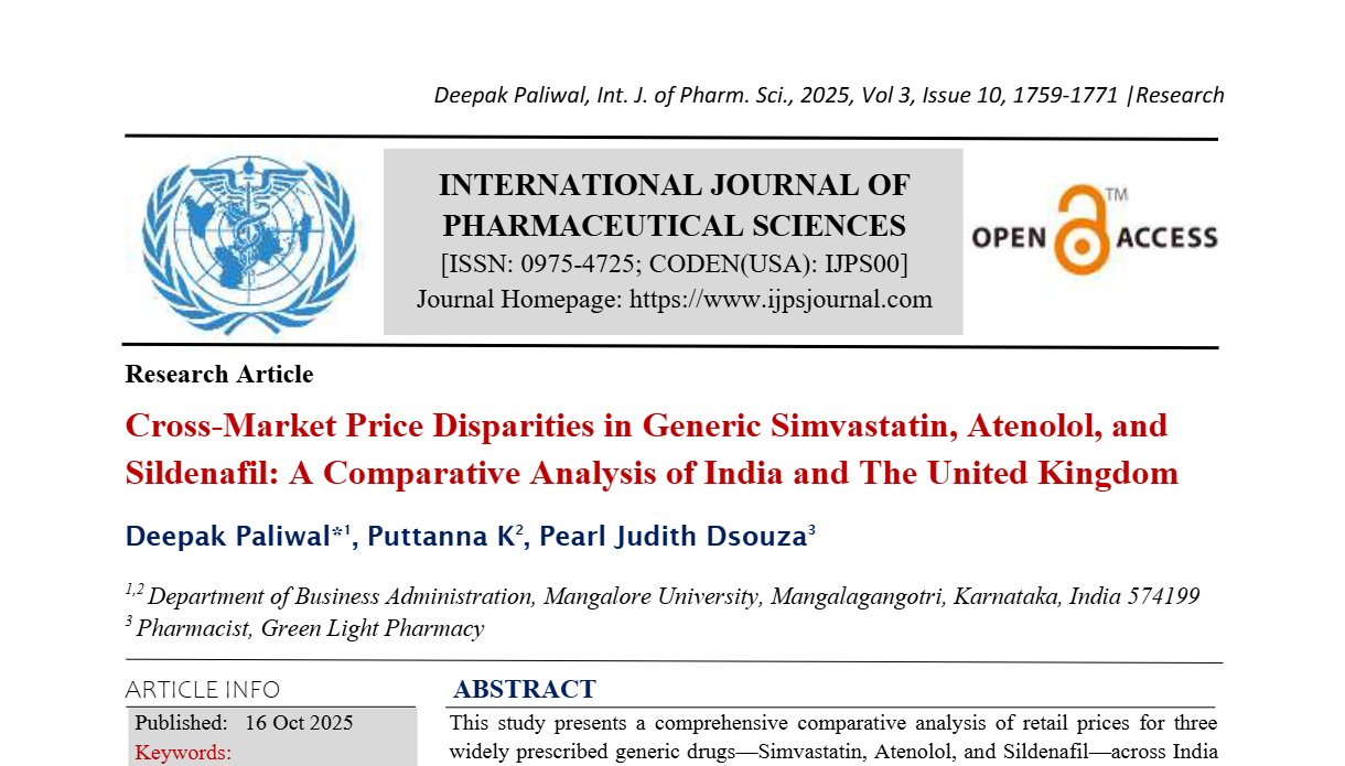 Cross-Market Price Disparities in Generic Simvastatin, Atenolol, and Sildenafil: A Comparative Analysis of India and The United Kingdom