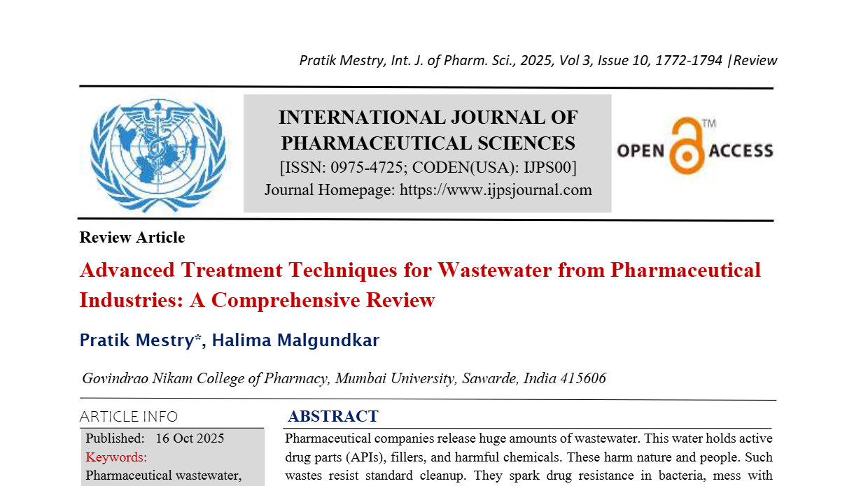 Advanced Treatment Techniques for Wastewater from Pharmaceutical Industries: A Comprehensive Review