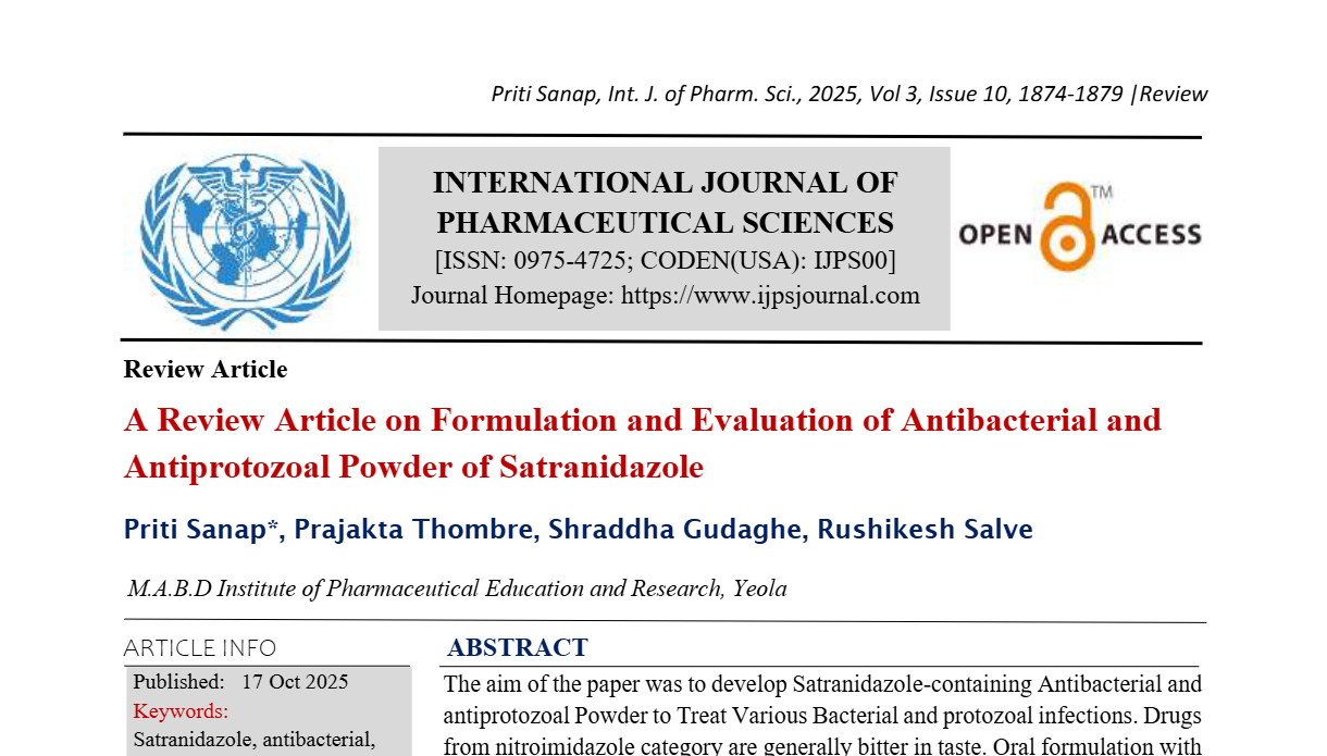A Review Article on Formulation and Evaluation of Antibacterial and Antiprotozoal Powder of Satranidazole