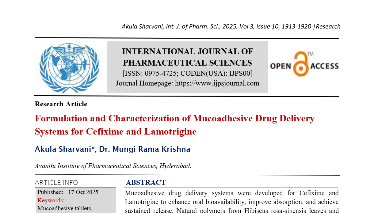 Formulation and Characterization of Mucoadhesive Drug Delivery Systems for Cefixime and Lamotrigine