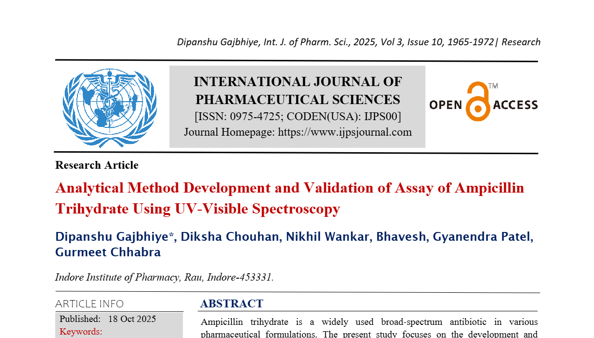 Analytical Method Development and Validation of Assay of Ampicillin Trihydrate Using UV-Visible Spectroscopy