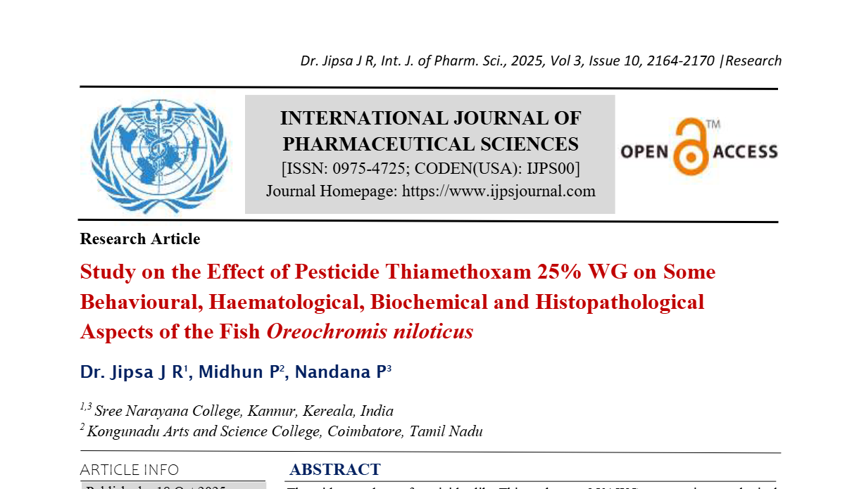 Study on the Effect of Pesticide Thiamethoxam 25% WG on Some Behavioural, Haematological, Biochemical and Histopathological Aspects of the Fish Oreochromis niloticus