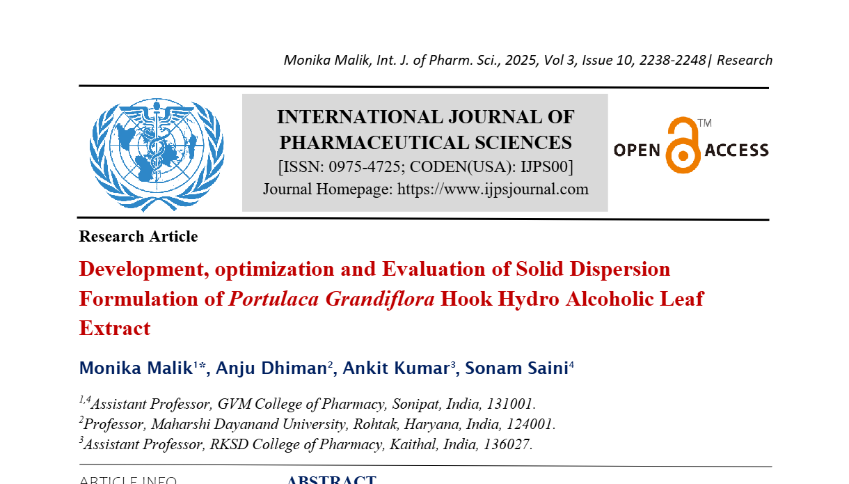 Development, optimization and Evaluation of Solid Dispersion Formulation of Portulaca Grandiflora Hook Hydro Alcoholic Leaf Extract