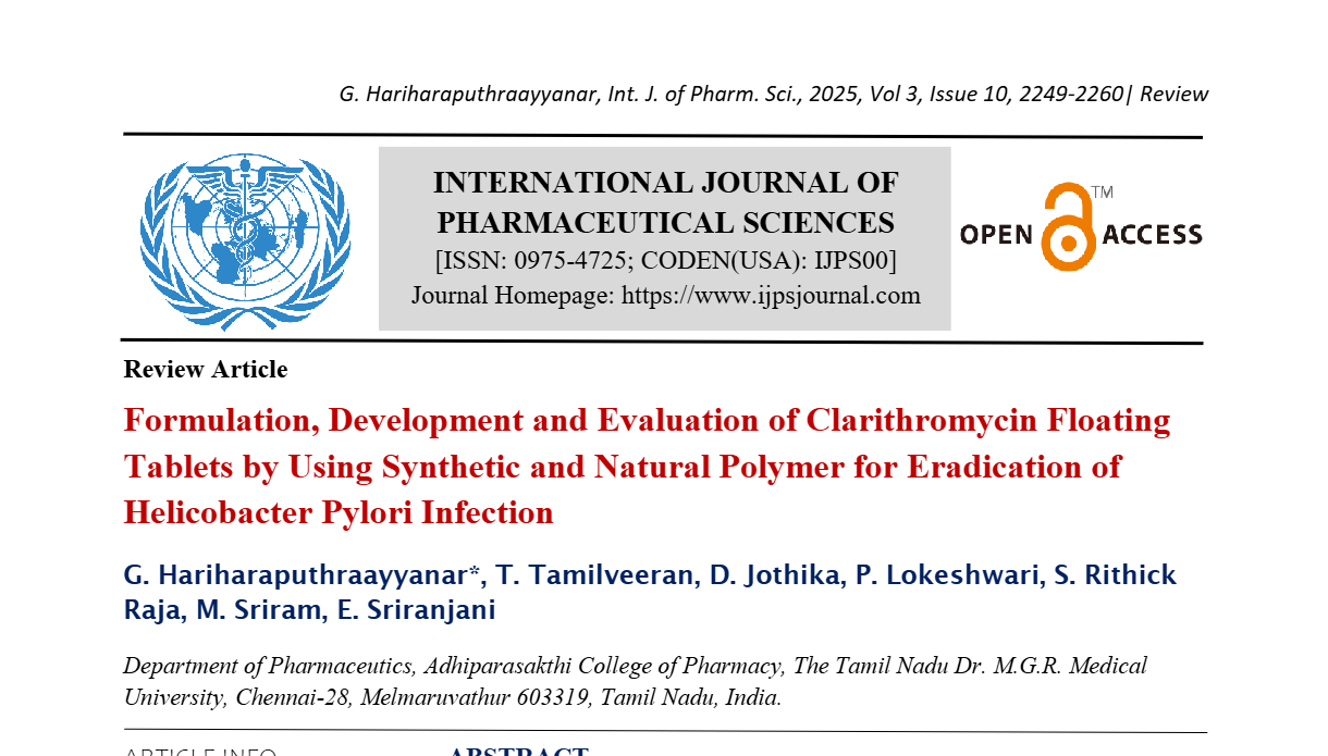 Formulation, Development and Evaluation of Clarithromycin Floating Tablets by Using Synthetic and Natural Polymer for Eradication of Helicobacter Pylori Infection