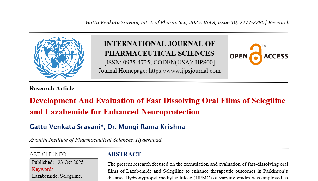 Development And Evaluation of Fast Dissolving Oral Films of Selegiline and Lazabemide for Enhanced Neuroprotection