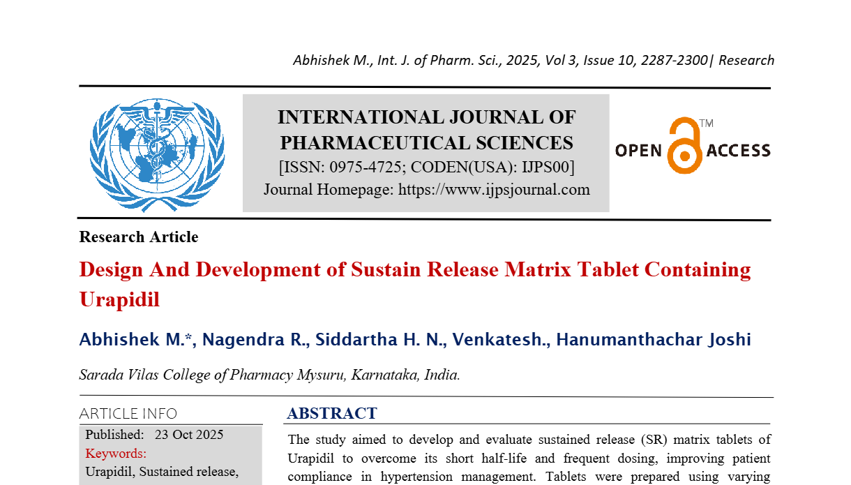 Design And Development of Sustain Release Matrix Tablet Containing Urapidil