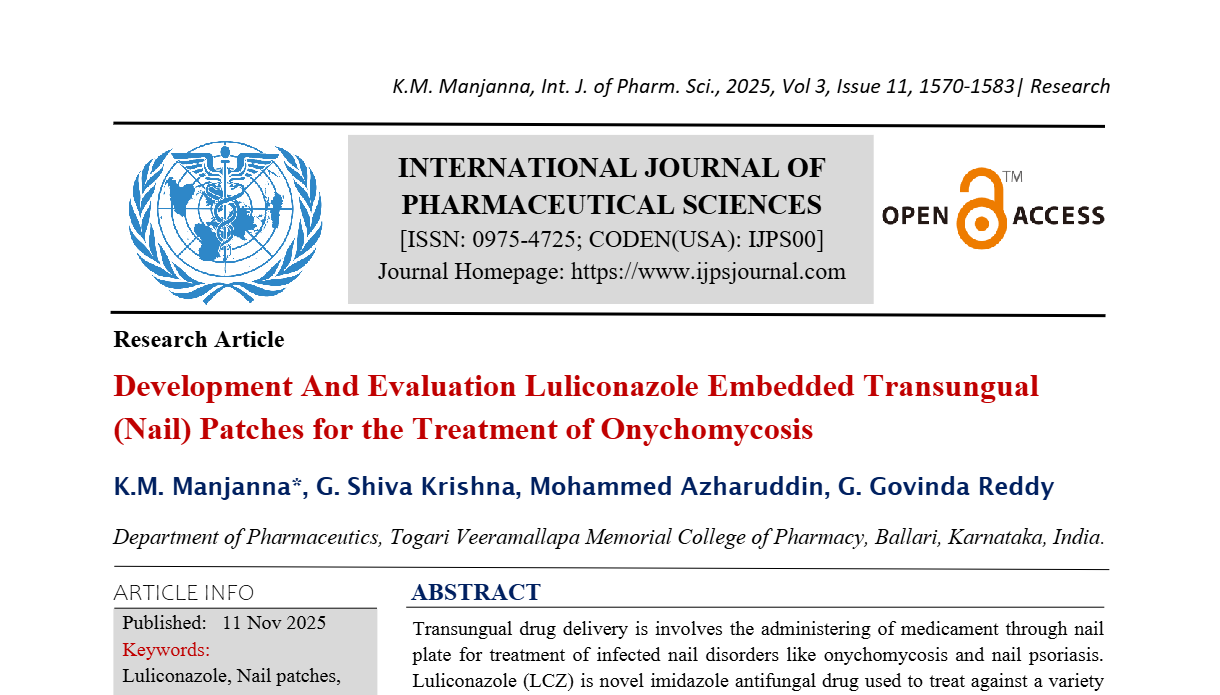 Development And Evaluation Luliconazole Embedded Transungual (Nail) Patches for the Treatment of Onychomycosis