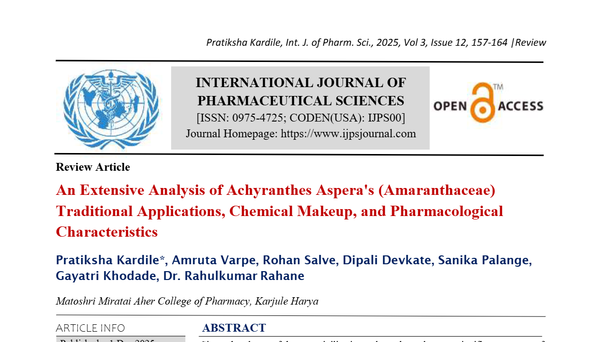 An Extensive Analysis of Achyranthes Aspera's (Amaranthaceae) Traditional Applications, Chemical Makeup, and Pharmacological Characteristics