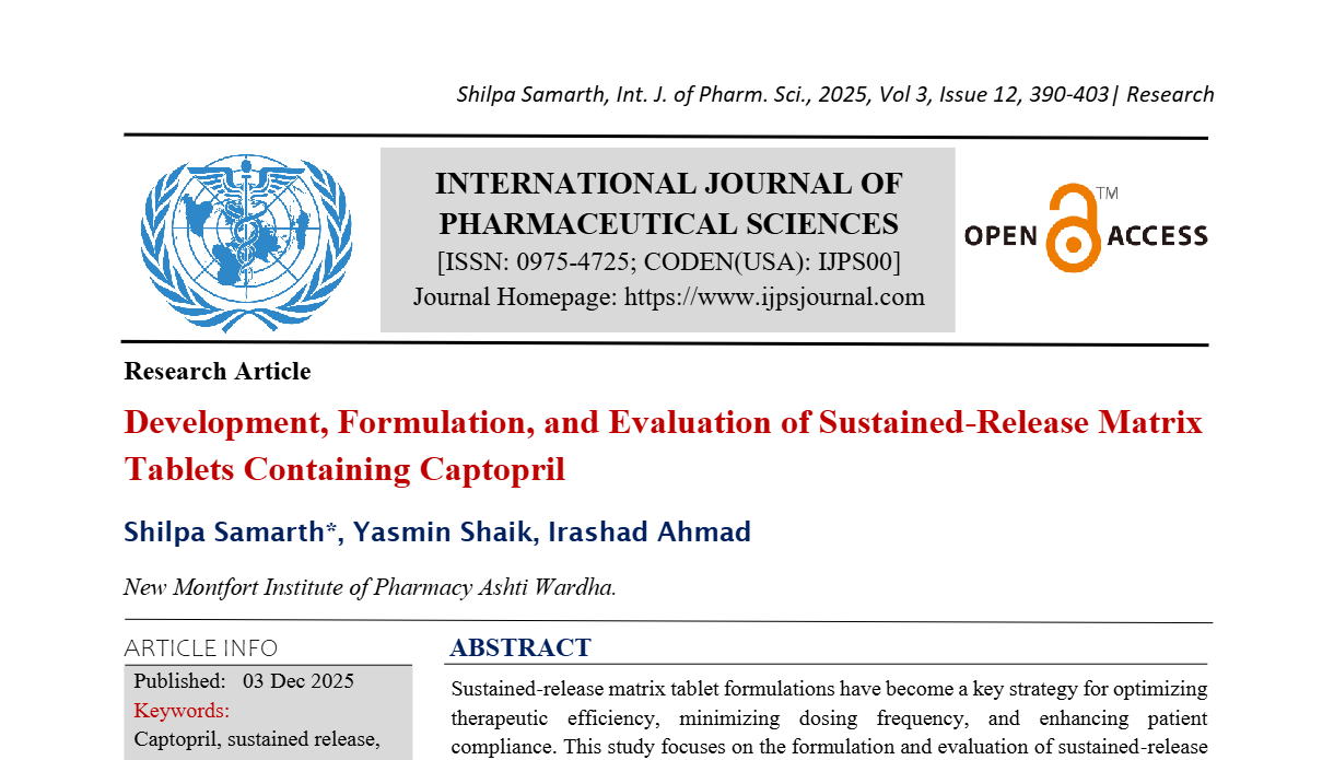 Development, Formulation, and Evaluation of Sustained-Release Matrix Tablets Containing Captopril