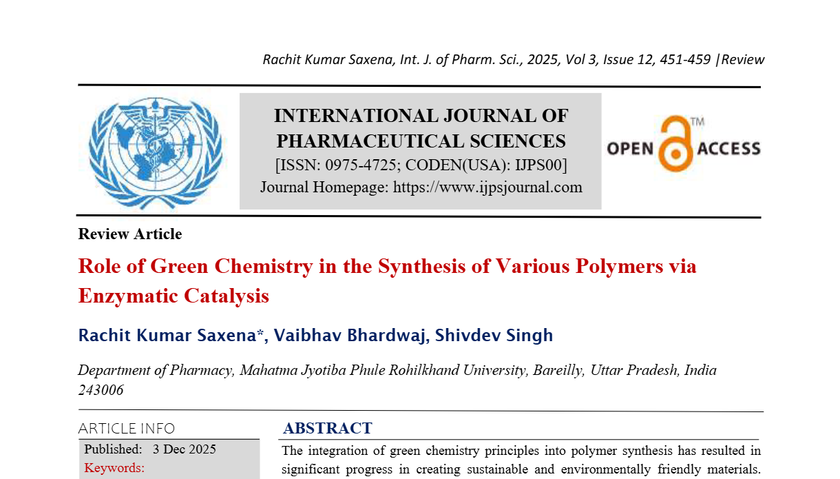 Role of Green Chemistry in the Synthesis of Various Polymers via Enzymatic Catalysis   
