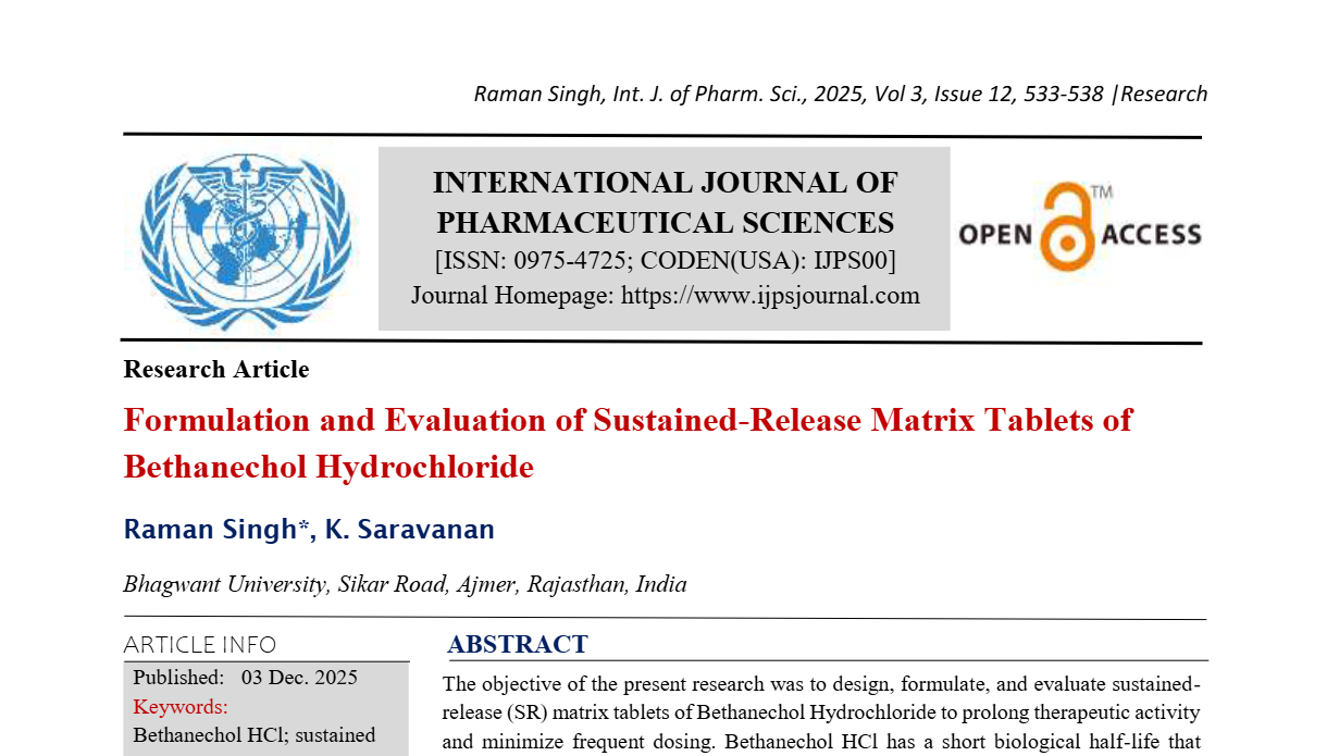 Formulation and Evaluation of Sustained-Release Matrix Tablets of Bethanechol Hydrochloride 