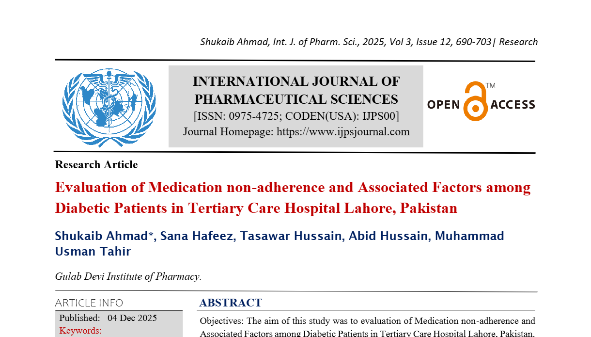 Evaluation of Medication non-adherence and Associated Factors among Diabetic Patients in Tertiary Care Hospital Lahore, Pakistan