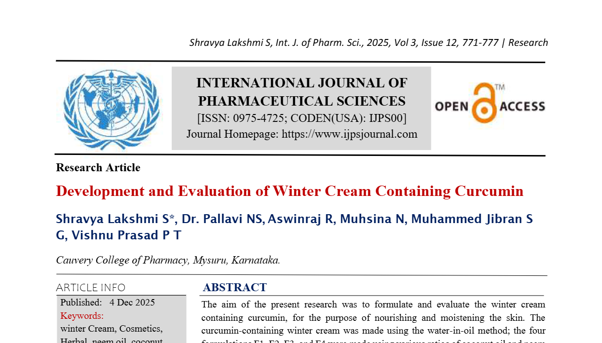 Development and Evaluation of Winter Cream Containing Curcumin