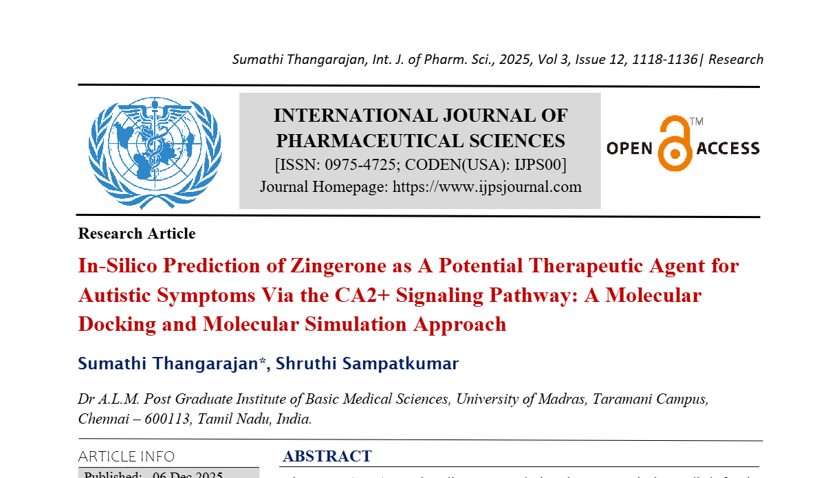 In-Silico Prediction of Zingerone as A Potential Therapeutic Agent for Autistic Symptoms Via the CA2+ Signaling Pathway: A Molecular Docking and Molecular Simulation Approach