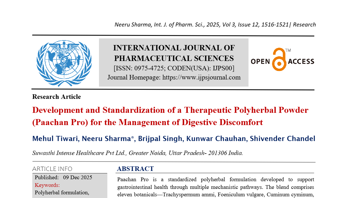 Development and Standardization of a Therapeutic Polyherbal Powder (Paachan Pro) for the Management of Digestive Discomfort