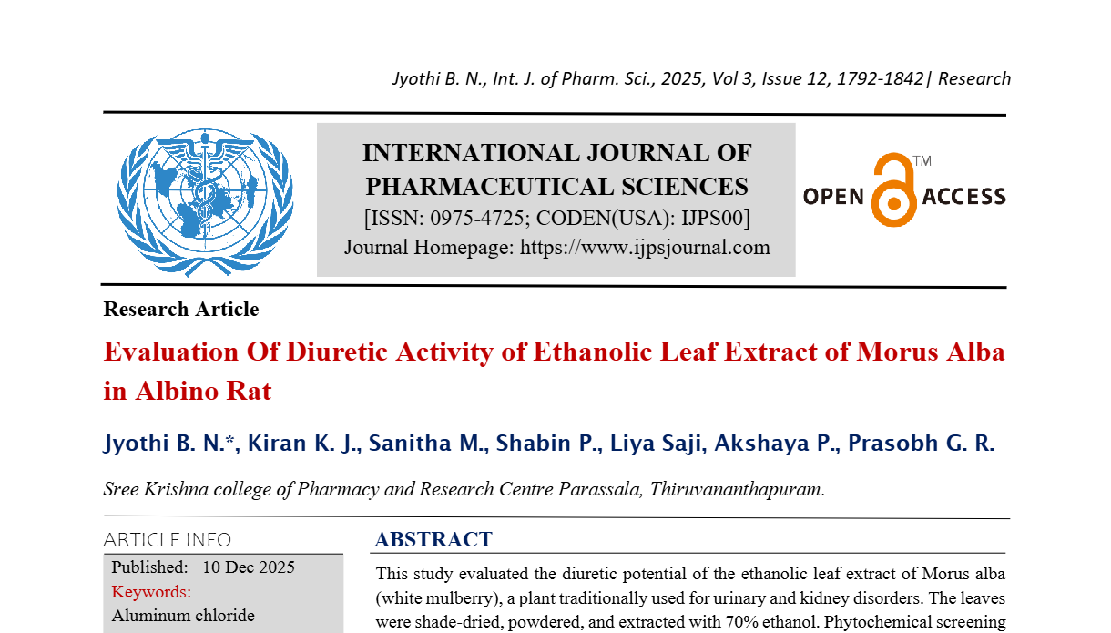Evaluation Of Diuretic Activity of Ethanolic Leaf Extract of Morus Alba in Albino Rat