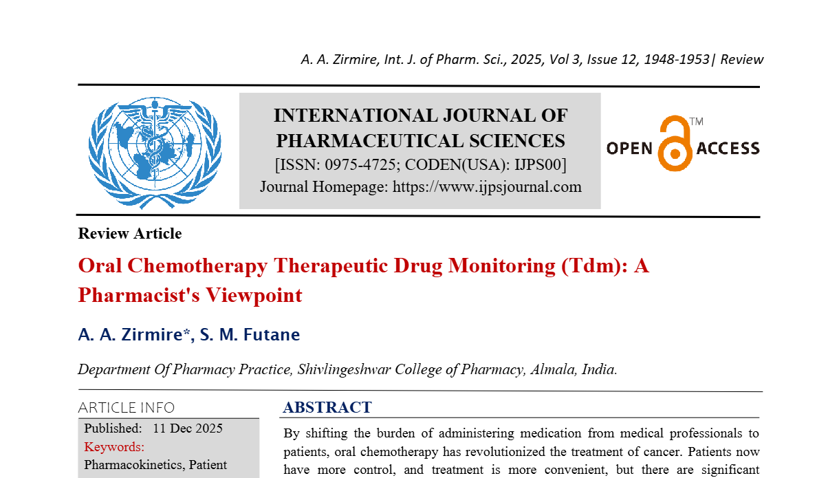 Oral Chemotherapy Therapeutic Drug Monitoring (Tdm): A Pharmacist's Viewpoint