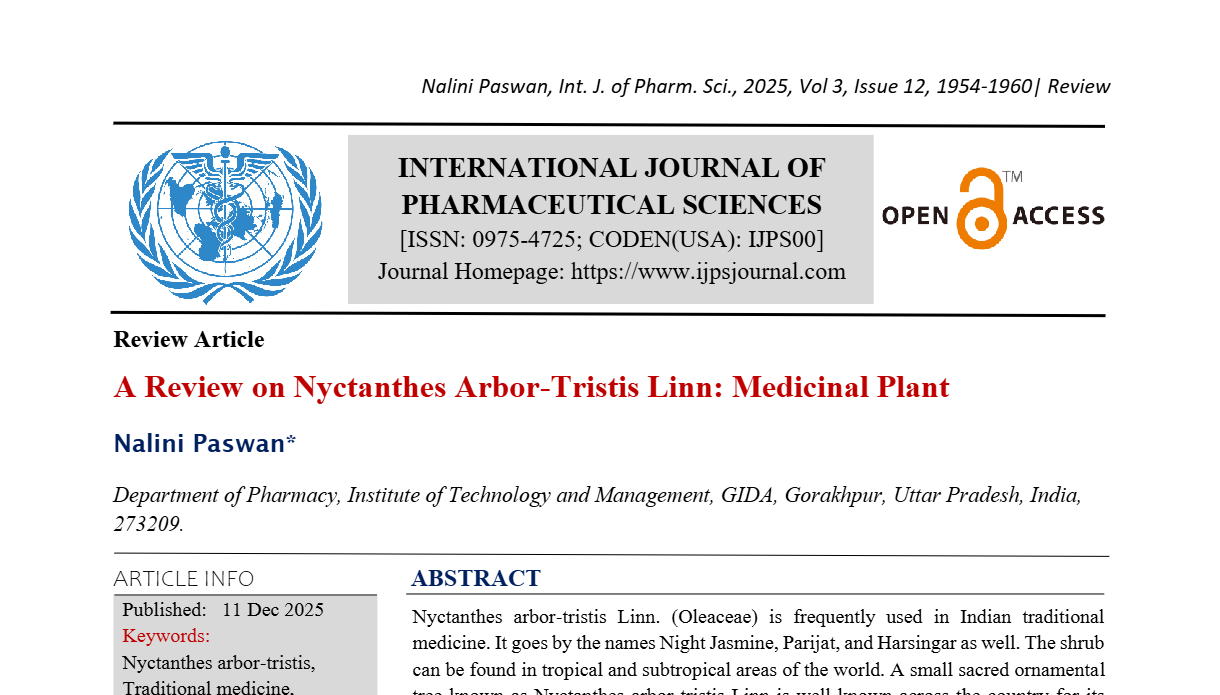 A Review on Nyctanthes Arbor-Tristis Linn: Medicinal Plant