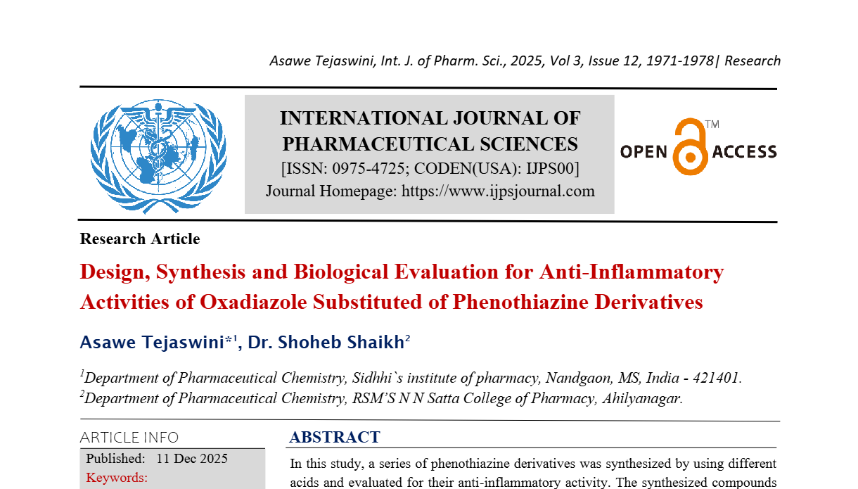 Design, Synthesis and Biological Evaluation for Anti-Inflammatory Activities of Oxadiazole Substituted of Phenothiazine Derivatives