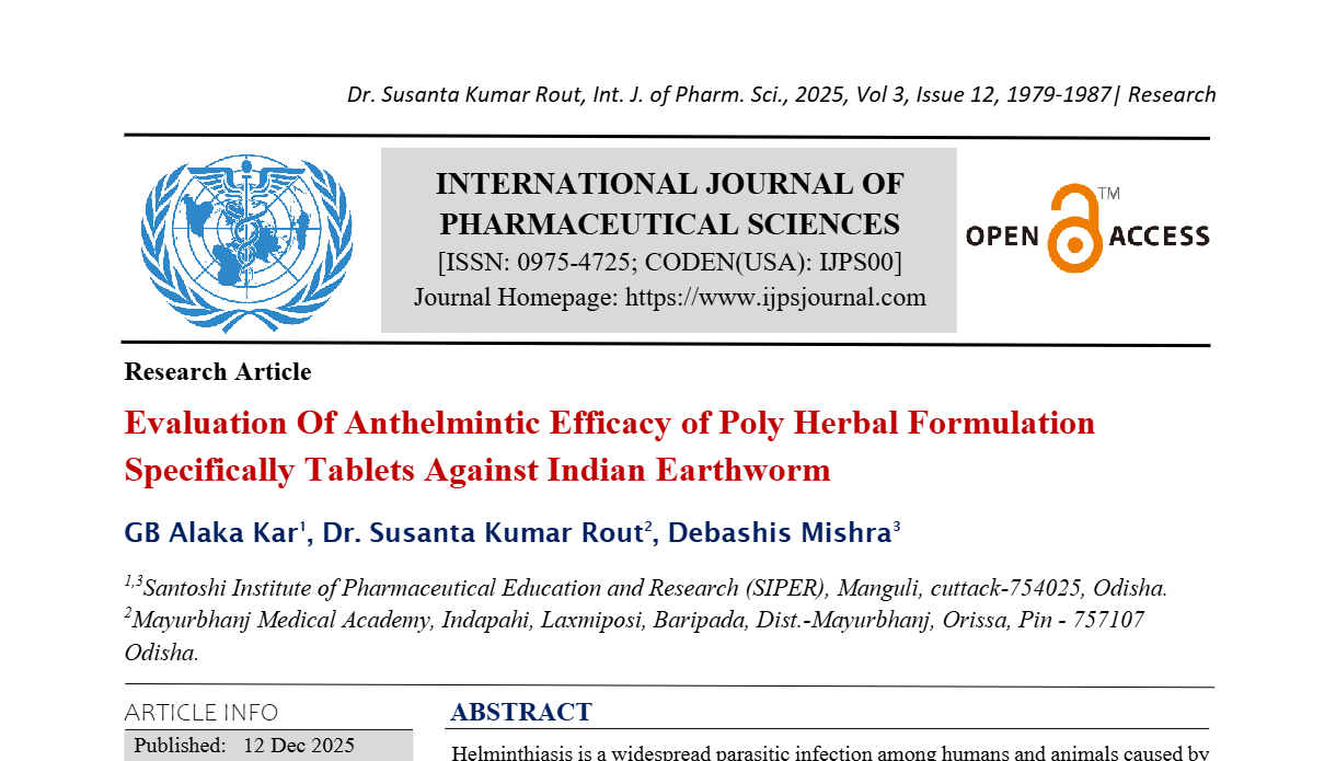 Evaluation Of Anthelmintic Efficacy of Poly Herbal Formulation Specifically Tablets Against Indian Earthworm