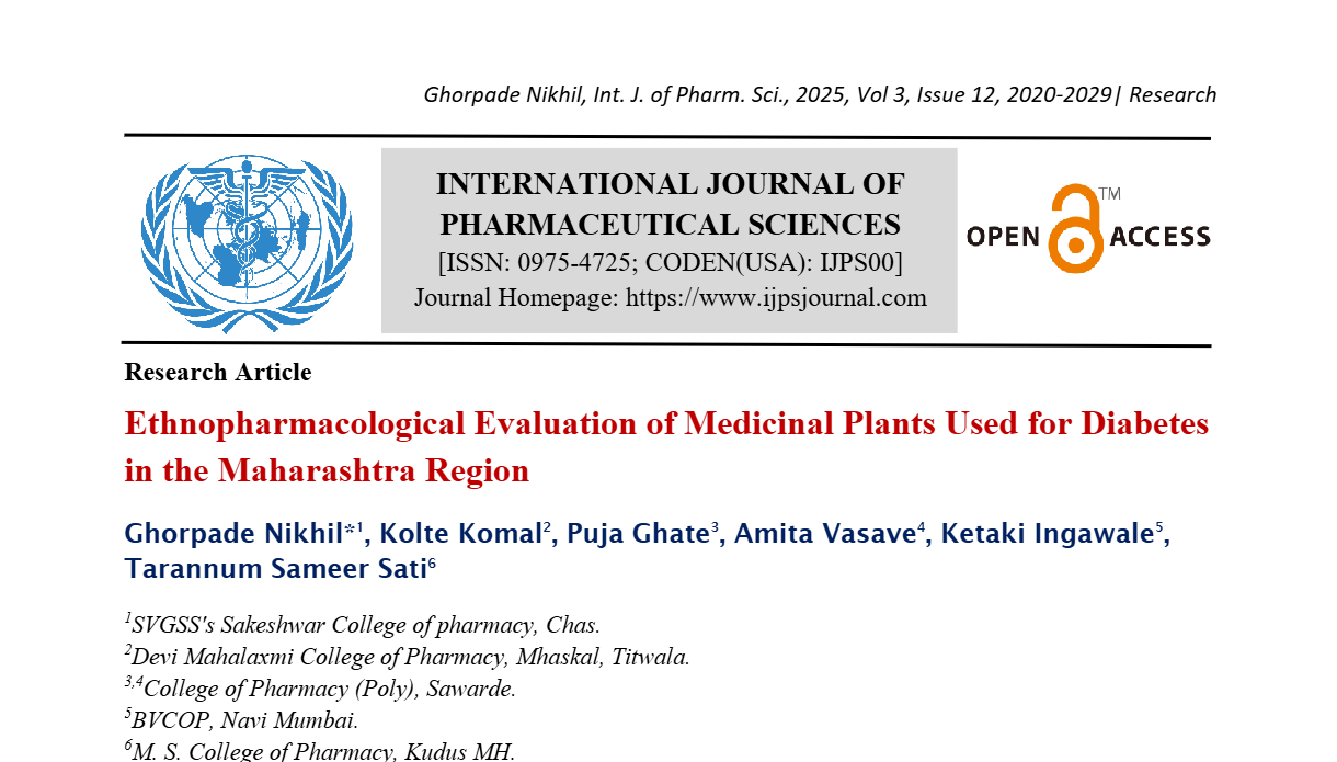 Ethnopharmacological Evaluation of Medicinal Plants Used for Diabetes in the Maharashtra Region