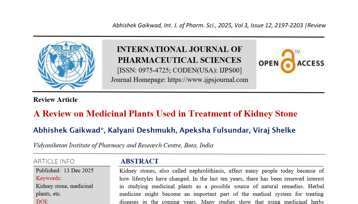 A Review on Medicinal Plants Used in Treatment of Kidney Stone