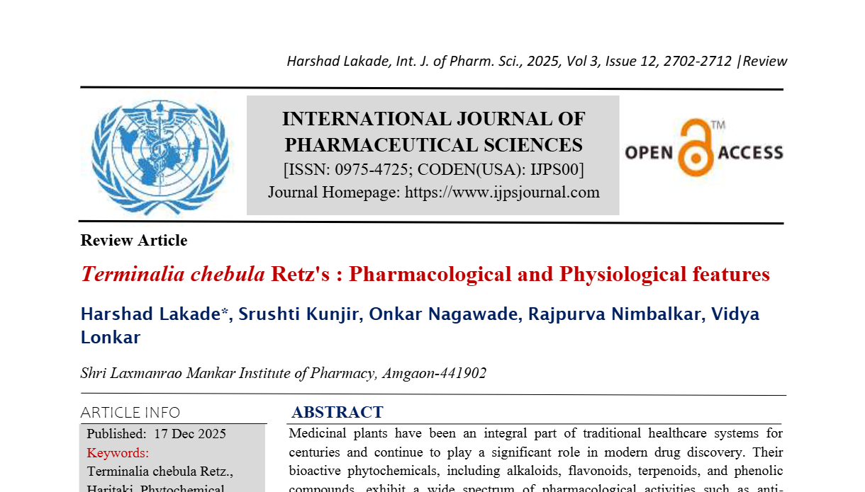 Terminalia chebula Retz's : Pharmacological and Physiological features