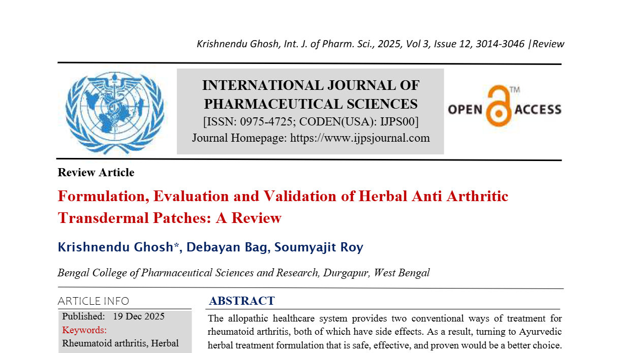 Formulation, Evaluation and Validation of Herbal Anti Arthritic Transdermal Patches: A Review