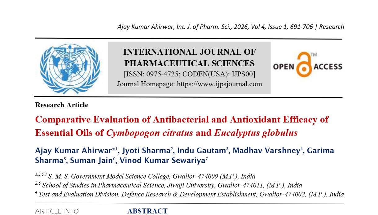 Comparative Evaluation of Antibacterial and Antioxidant Efficacy of Essential Oils of Cymbopogon citratus and Eucalyptus globulus