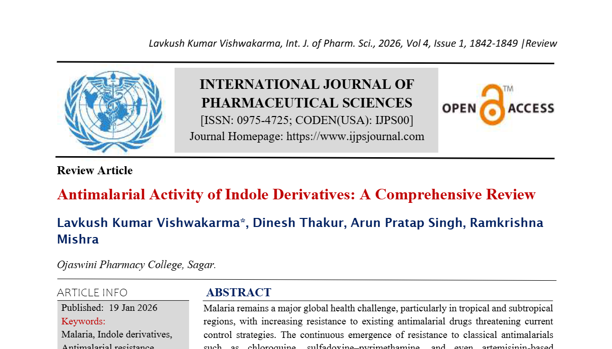 Antimalarial Activity of Indole Derivatives: A Comprehensive Review